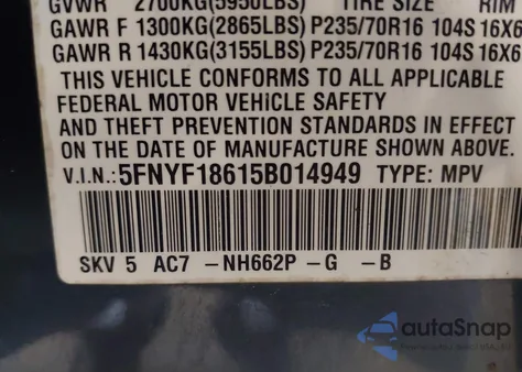2005 Honda Pilot Ex-L from USA, damaged, VIN 5FNYF18615B014949